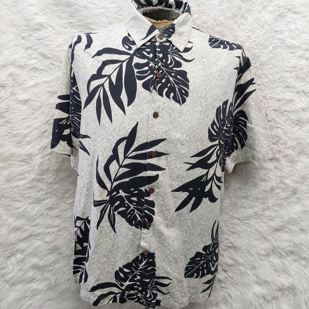 Caribbean Hawaiian Shirt Mens Silk Blend Black Gray Camp Tropical XL